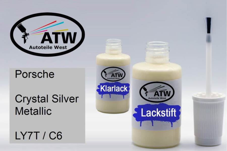 Porsche, Crystal Silver Metallic, LY7T / C6: 20ml Lackstift + 20ml Klarlack - Set, von ATW Autoteile West.